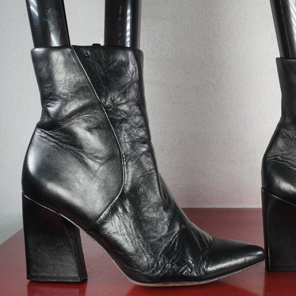 Women's Franco Sarto Black Leather Ankle High Wedge Fashion Boots Booties 6 - Picture 5 of 7